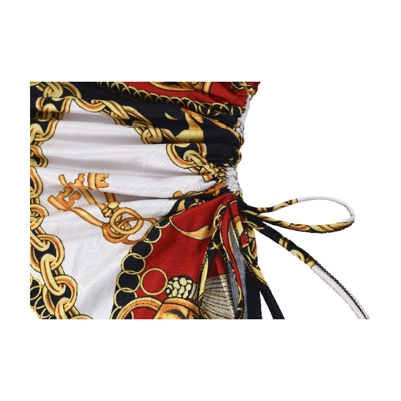 Sexy Chain Print Short Sleeve Drawstring Irregular Casual Dress 7