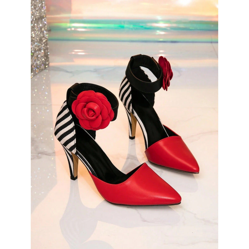 Fashion Color-Block Women's High Heels Red Floral Design Heels 8