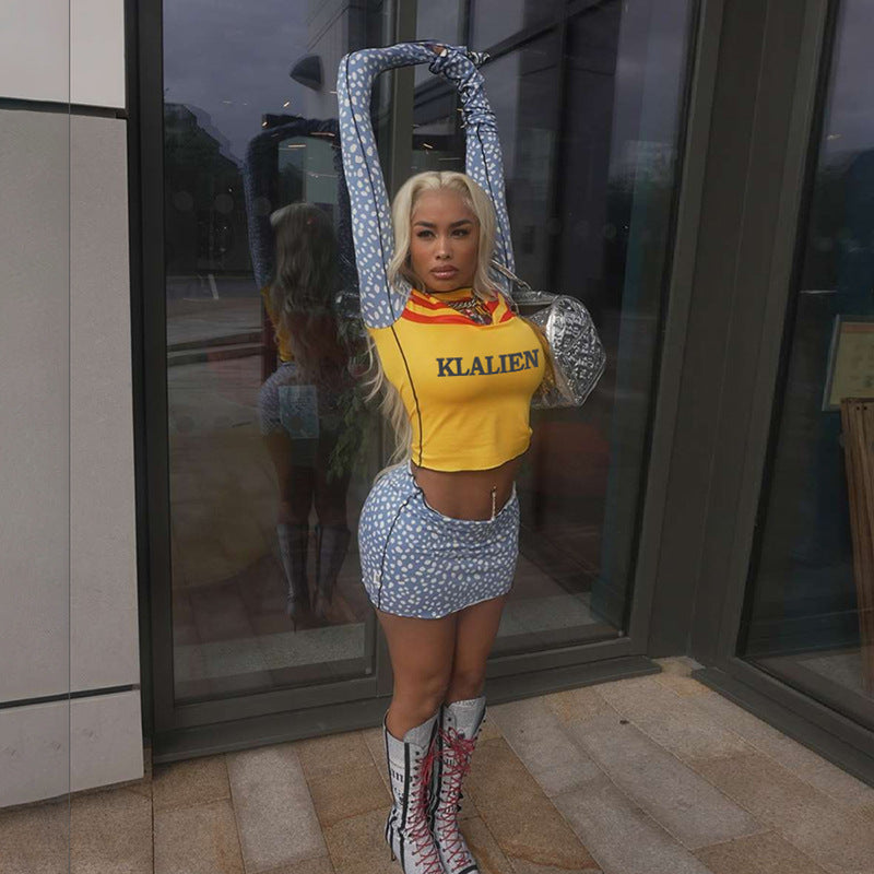 Autumn Sexy Slim Long Sleeve Top High Waist Slim Short Skirt Two Piece Set 5