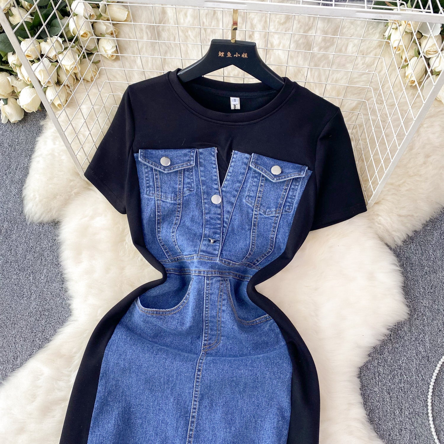 Round Neck Short Sleeve Patchwork Denim Dress Slim Waist Fake Two-Piece Long Dress 5