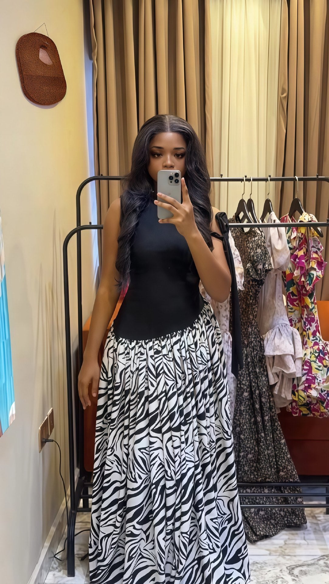 Women's Autumn Sleeveless Slash Shoulder Slim Fit Print Pleated Chic Long Dress 5