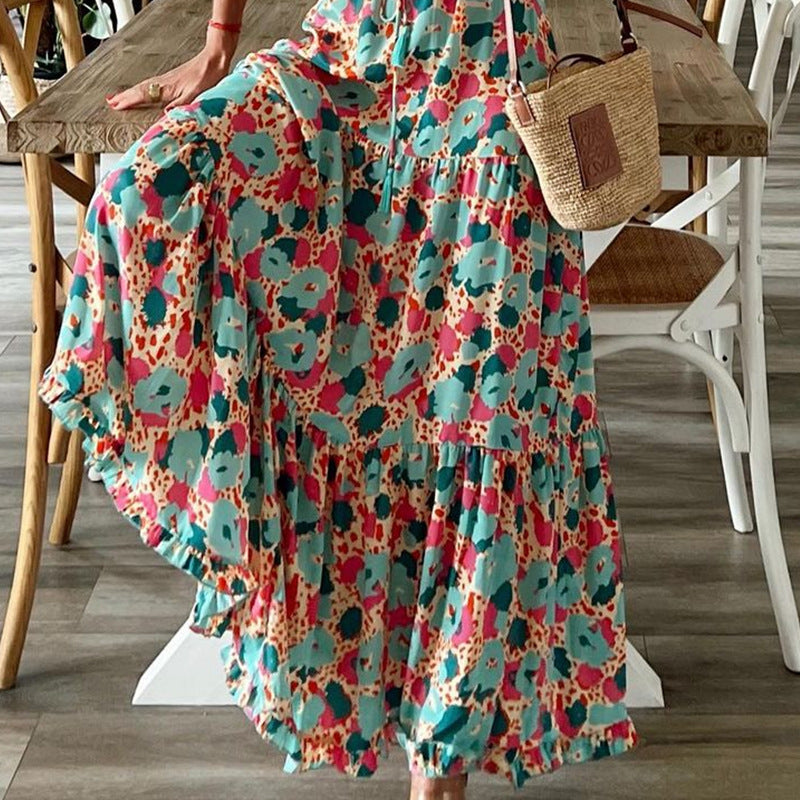 Fall Women V-Neck Long Sleeve Printed Loose Maxi Dress 4