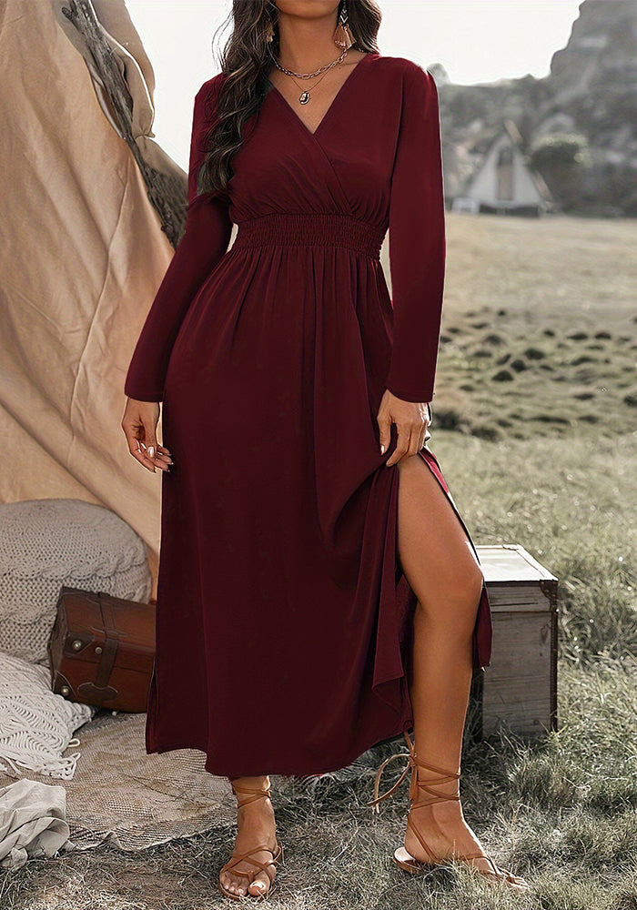 Women Autumn Solid v-neck Bell Bottom Long-sleeved Dress