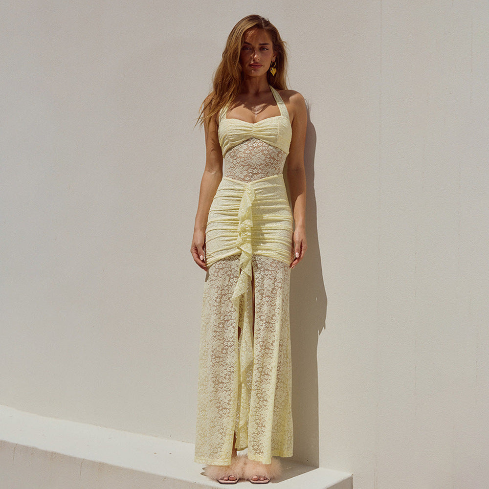 Women Summer Halter Neck Lace Sexy Sleeveless Backless Maxi Dress 5