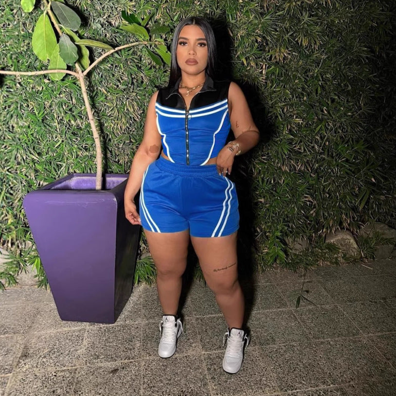 Women Career Casual Striped Patchwork Contrast Color Sleeveless Top and Shorts Sports Two-piece Set 7