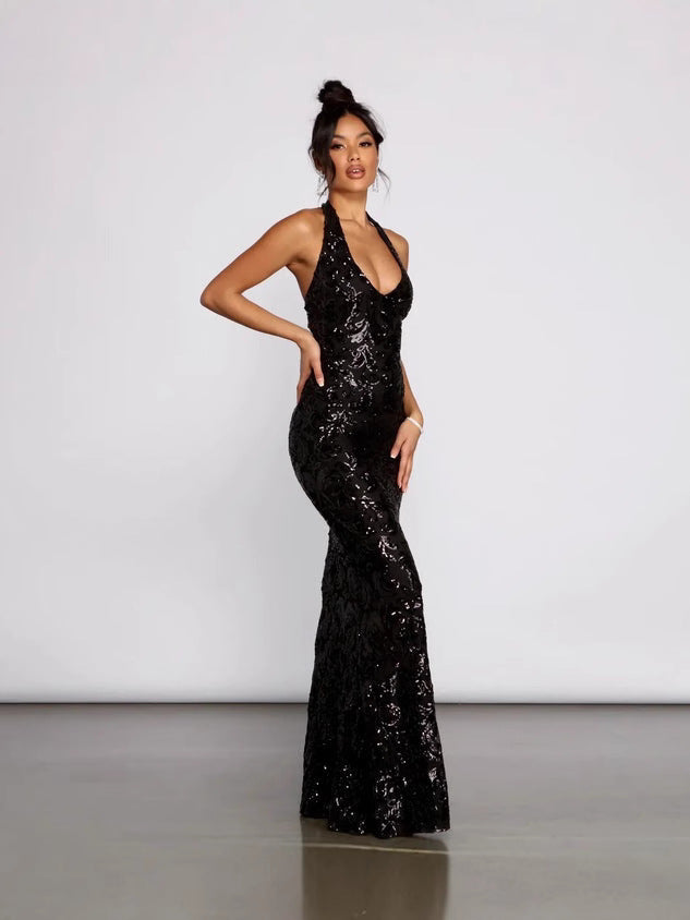 Women's Sexy Halter Neck Sequin Dress Fashion Long Gown 4