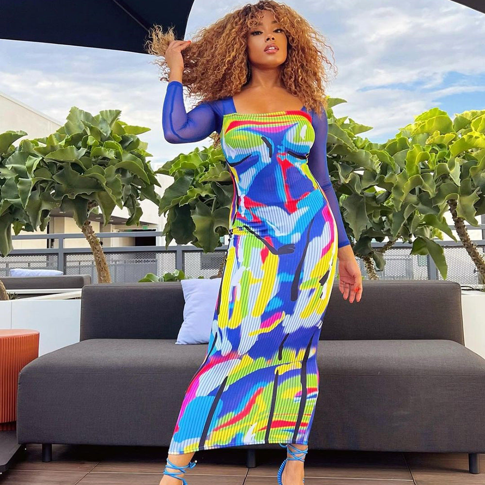 Women's Mesh Long Sleeve Square Neck Printed Dress