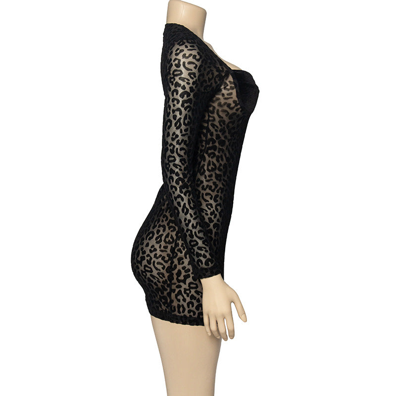 Women autumn leopard print flocked mesh sexy Bodycon Mini dress 10