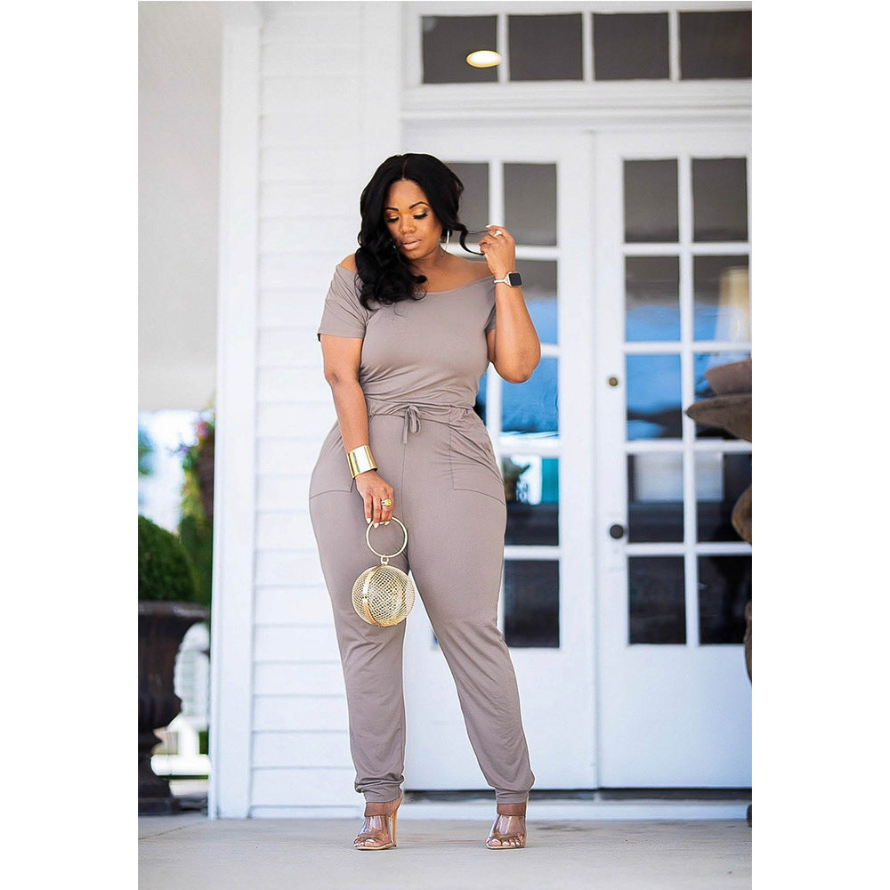 Women Summer Off Shoulder Pocket Short Sleeve Jumpsuit 6