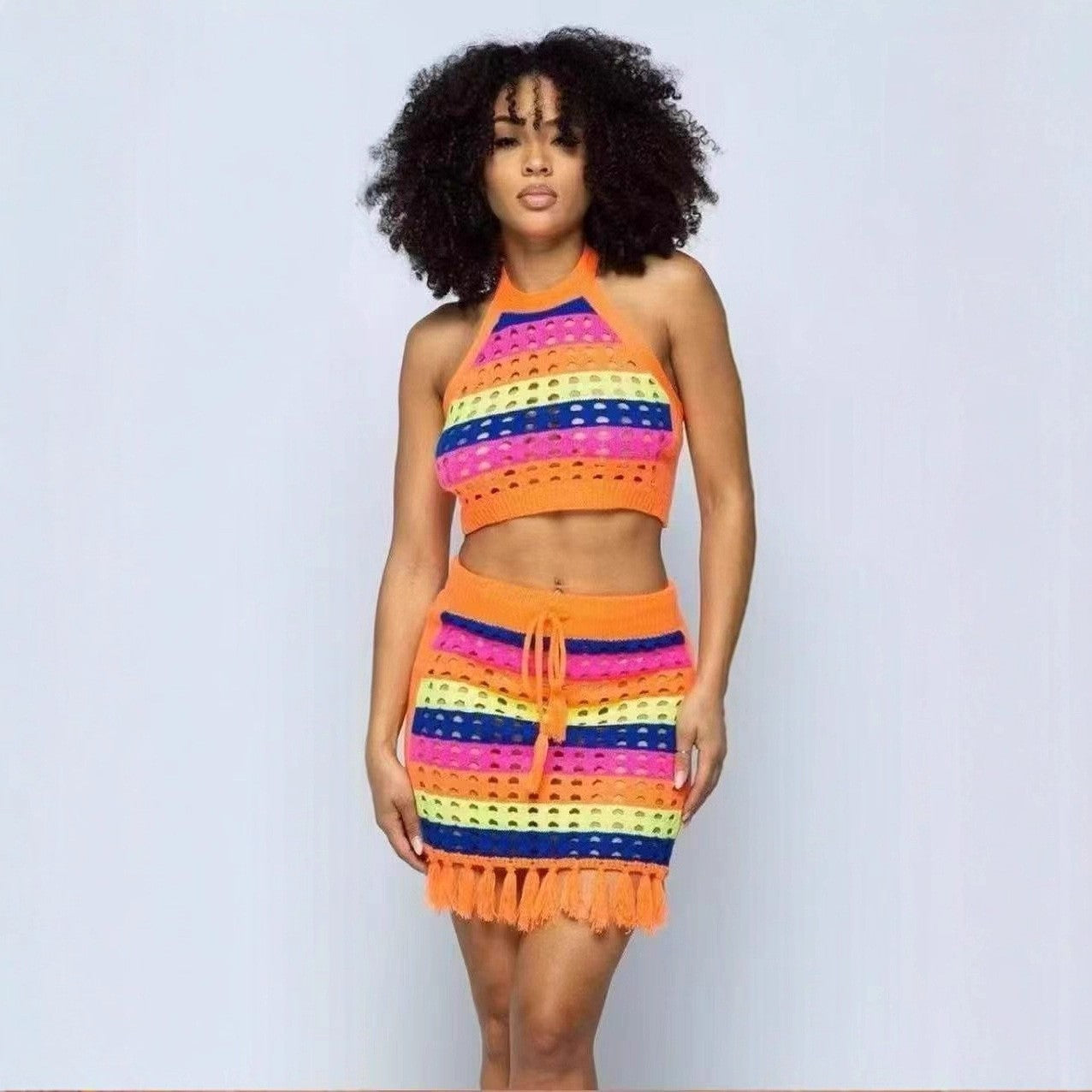 Women multi-color striped hollowed-out knitting halter neck top with tassel bodycon skirt, two-piece set. 3