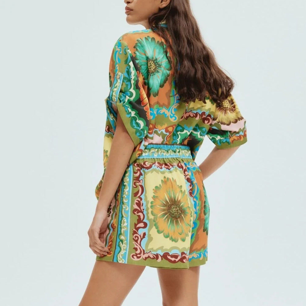 Summer Women's Floral Printed Short Sleeve Shirt Shorts Loose Casual Two Piece Set 5