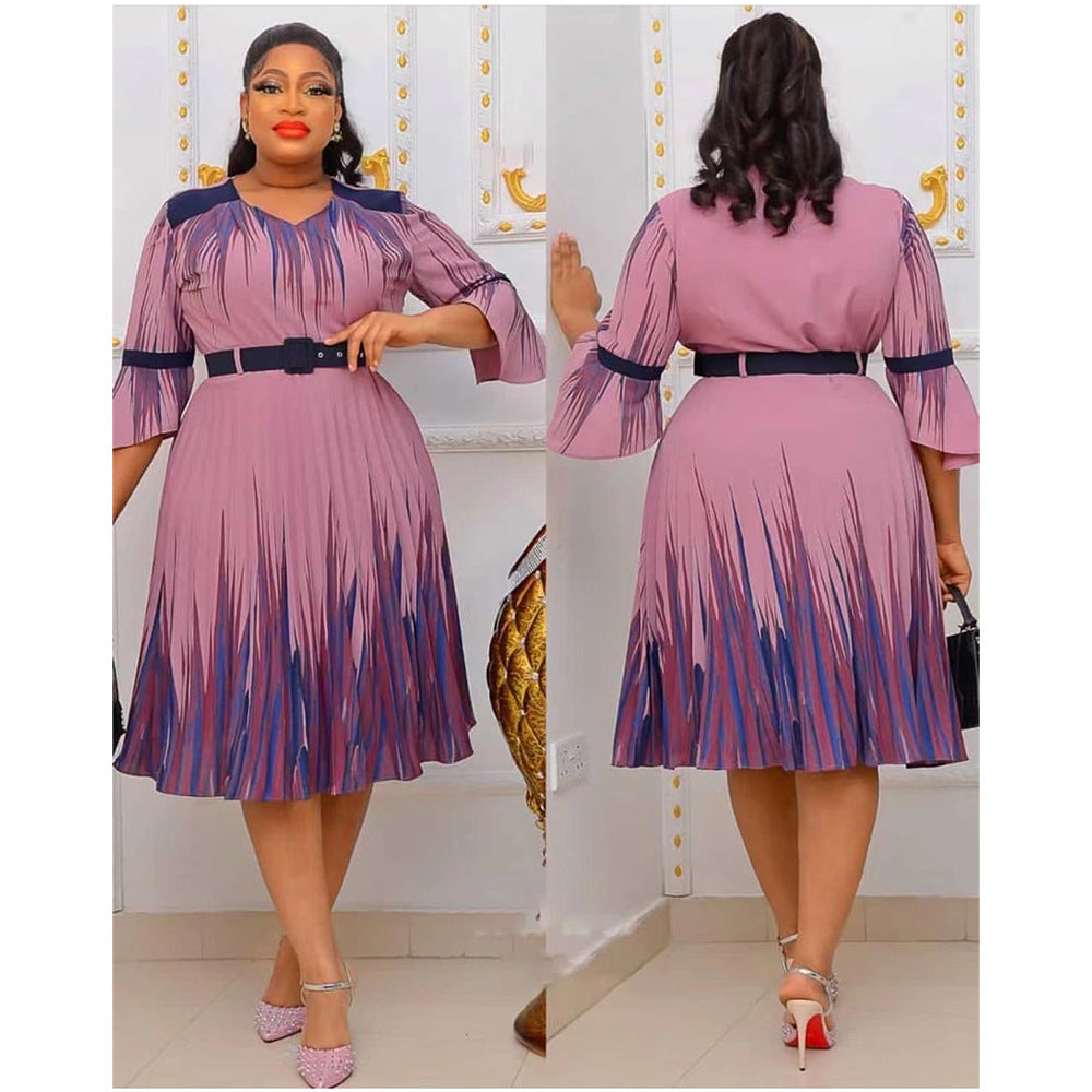 Plus Size African Dress Women High Waist Fashion Round Neck Printed Pleated Dress 3