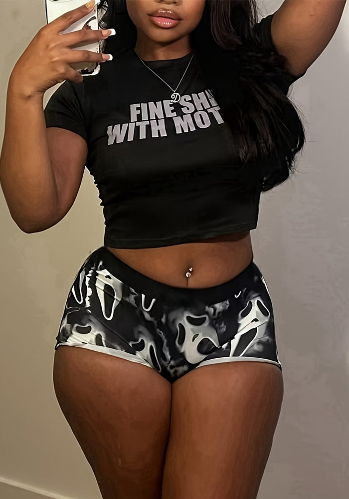 Spring Summer Short T Print Shorts Sexy Tight Fitting Sports Two Piece Set