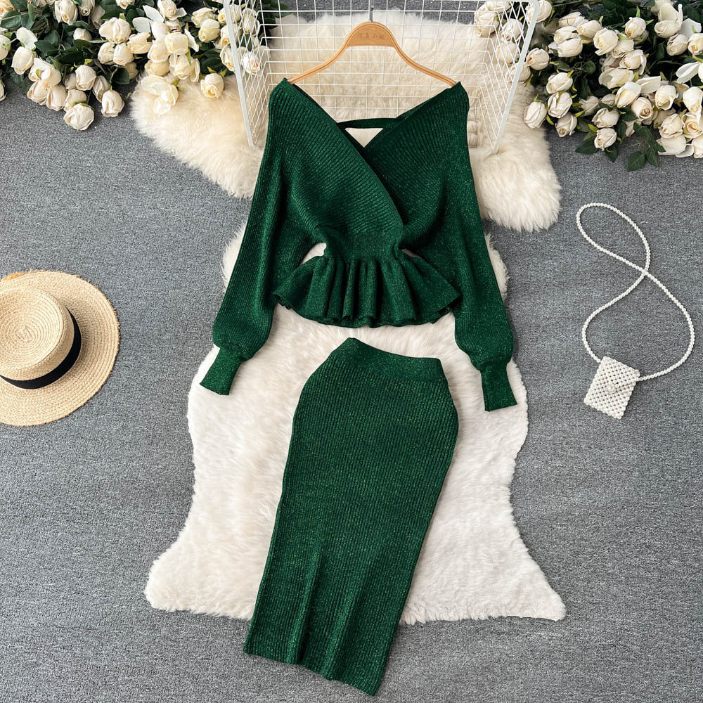 Autumn And Winter Style Suit For Women V-Neck Ruffled Short Knitting Shirt Bodycon Skirt Two-Piece Set 7