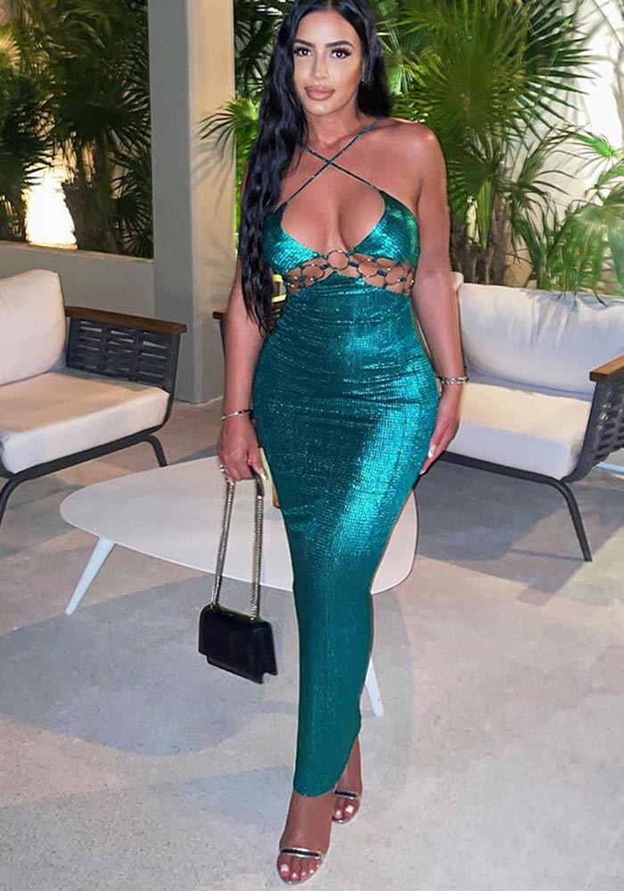 Women's Winter Sexy Hollow Low Back Slim Strap Long Dress