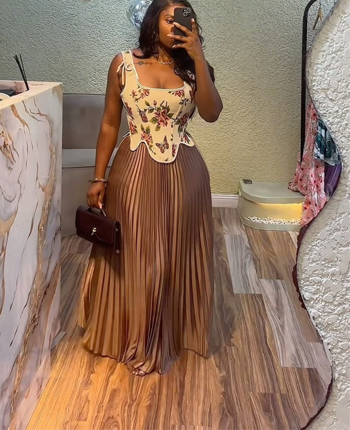 Women's Summer Sweet Print Slim-Waist Vest & High-Waist Pleated Skirt Two Piece Set 7