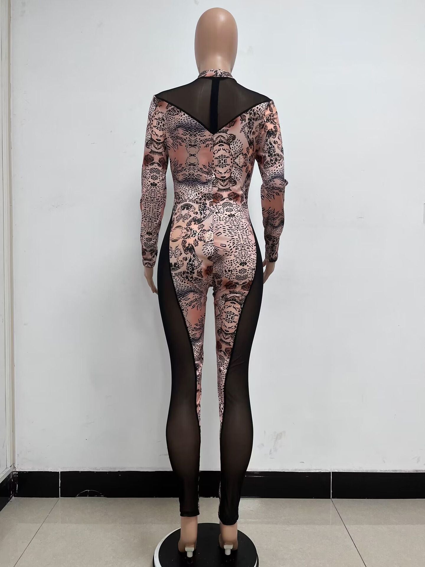 Women's Long-Sleeved Print See-Through Mesh Patchwork Slim Ladies Jumpsuit 9