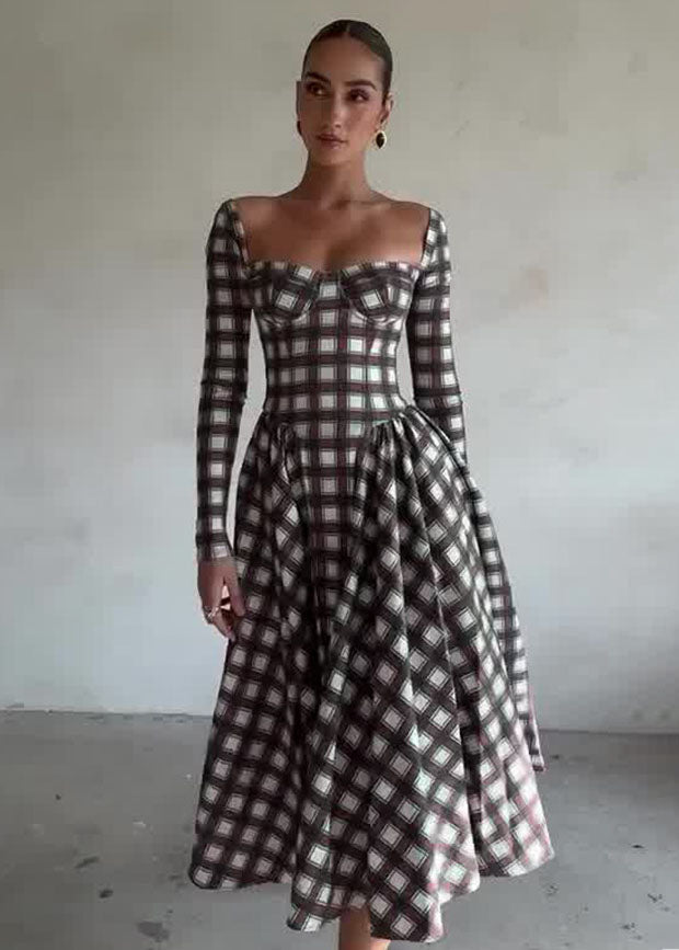 Women Autumn U-neck Plaid Long Sleeve Belt Dress 3