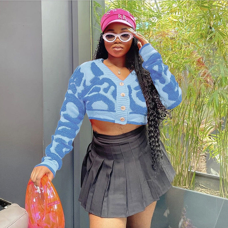 Autumn Fashion Color Matching V-Neck Buttoned High Waist Slim Women Knitting Top 8