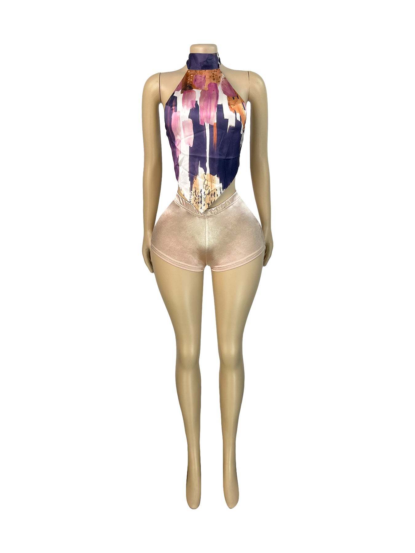 Women's Fashion Satin Halter Neck High-Neck Print Lace-Up Top & Shorts Set 6