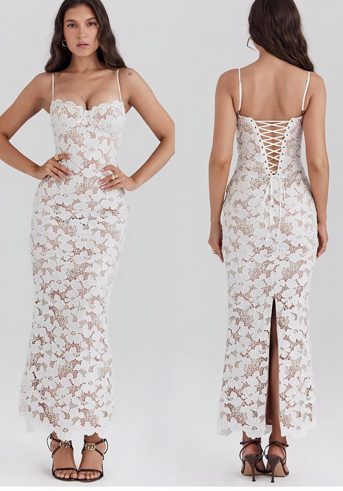 Women French Lace-Up Lace Strap Dress