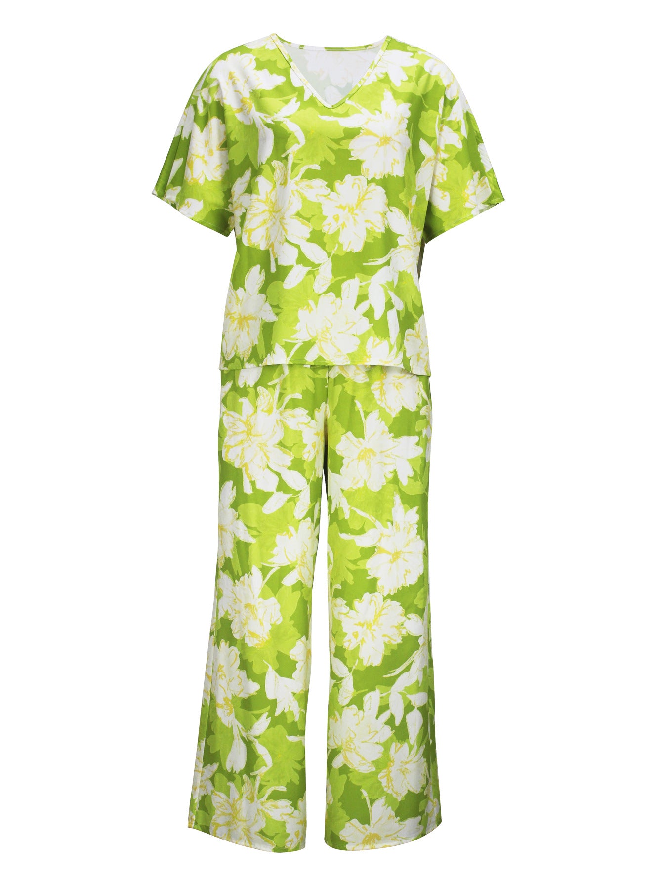 Women Elegant V-neck Short Sleeve Top and Long Pants Casual Two-piece Set 8