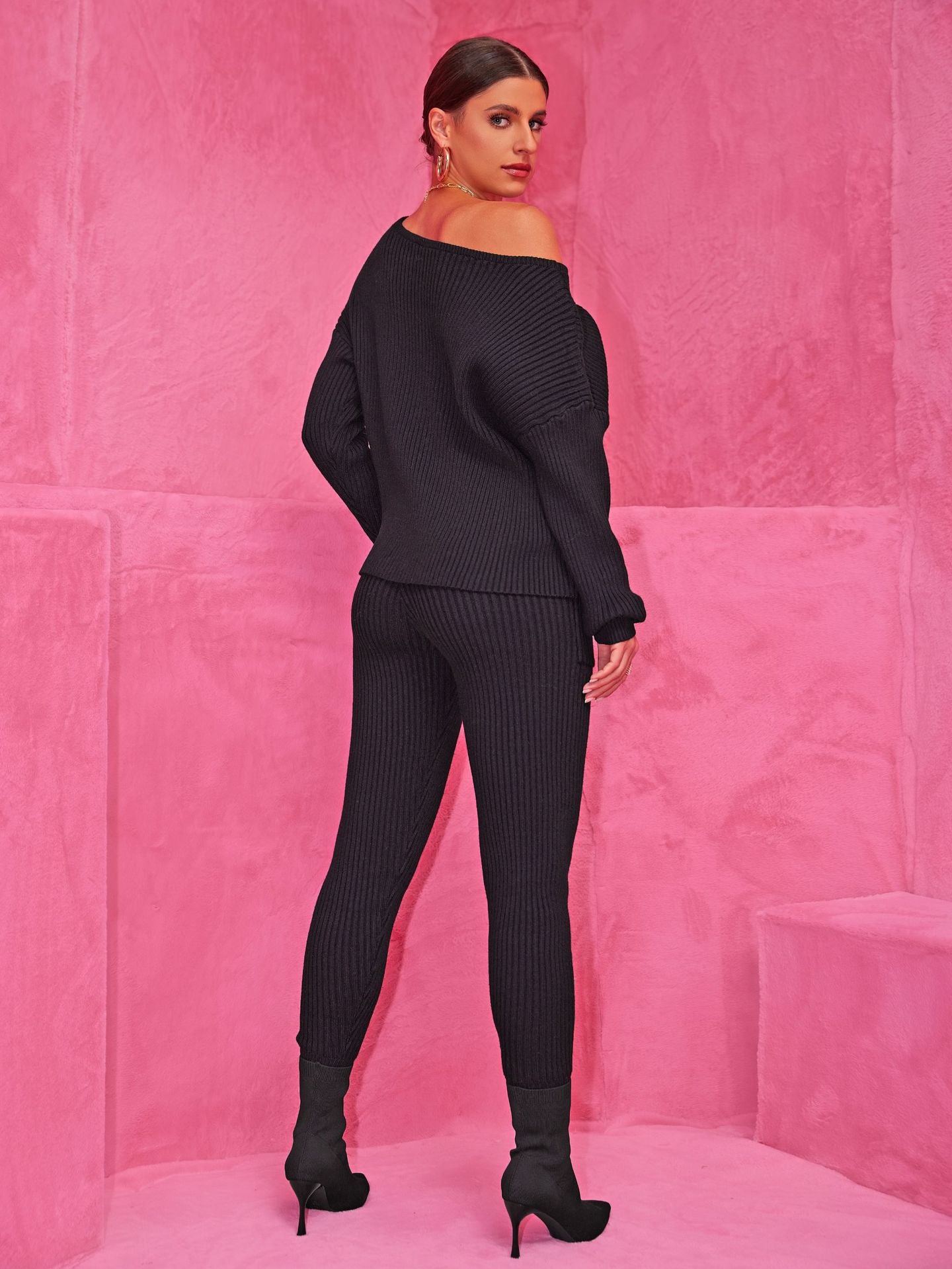 Autumn Winter Round Neck Long Sleeve Sweater Woolen Trousers Two Piece Set 10