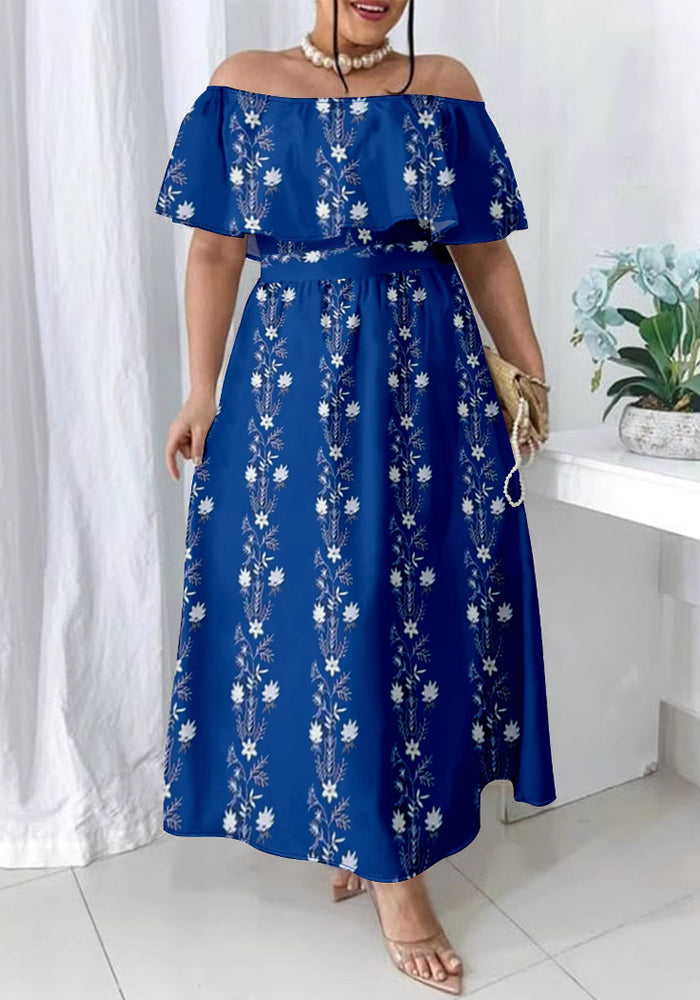 Plus size Women summer off shoulder print elegant dress