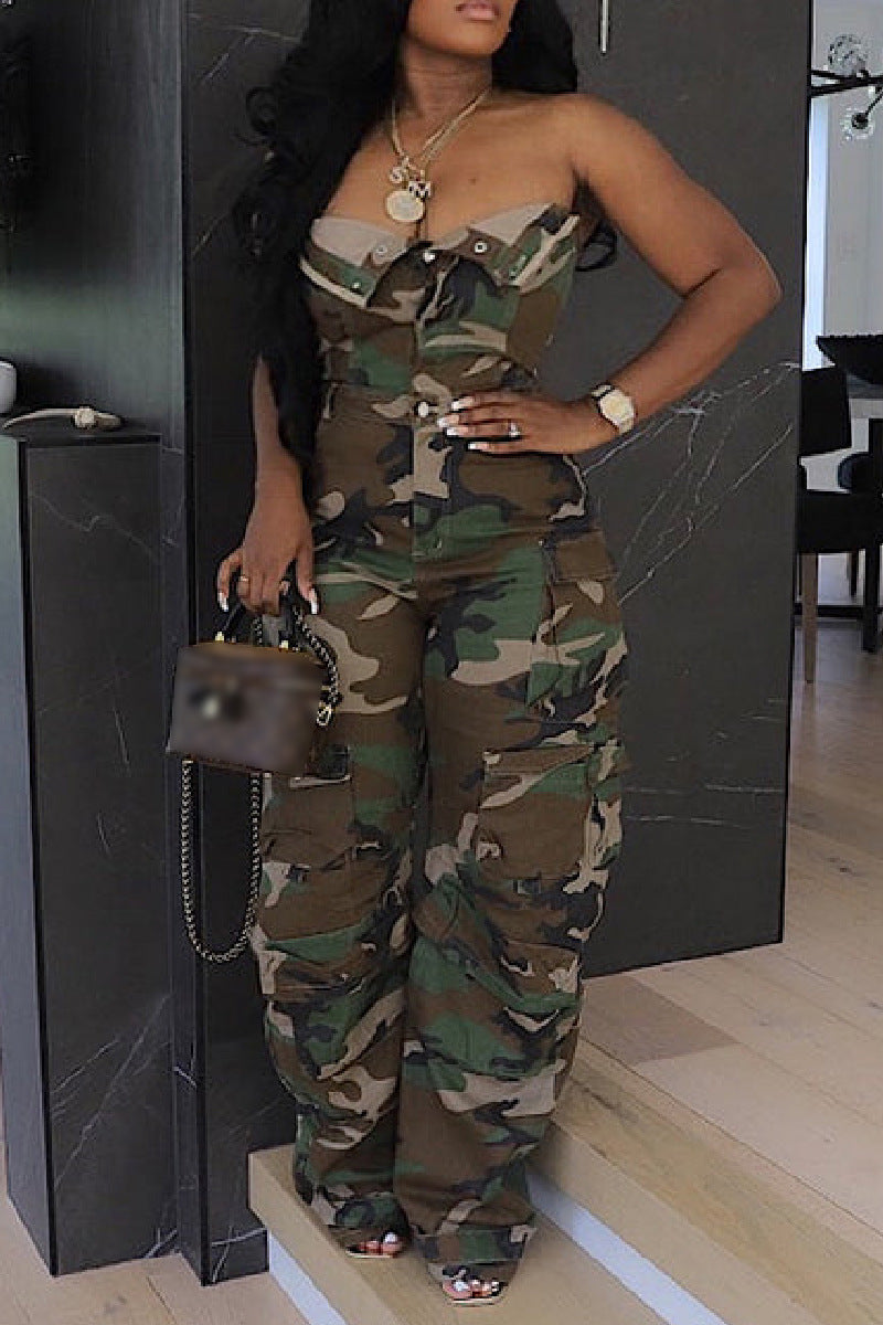Women Sexy Strapless Sleeveless Cargo Jumpsuits 3