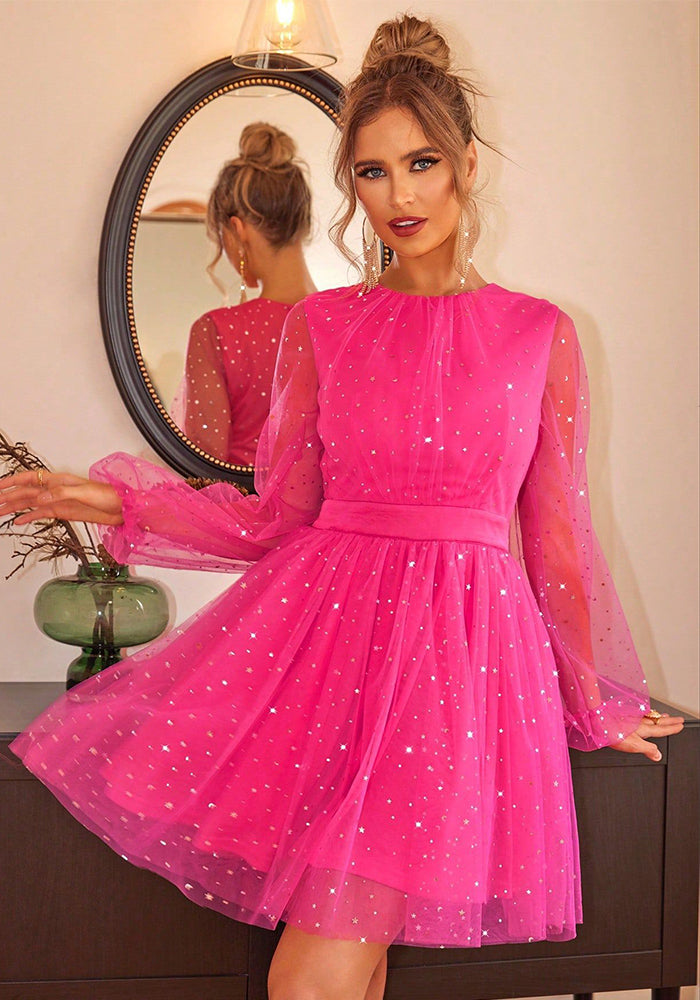 Women Star Print Lantern Sleeve Mesh Layered Dress