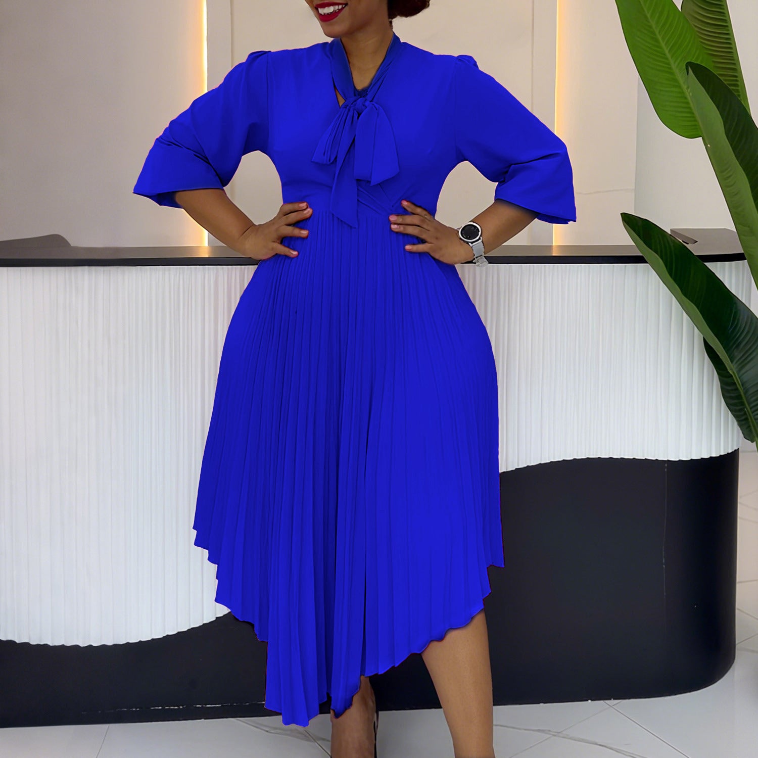 Women 3/4-sleeve tie dress with irregular pleats