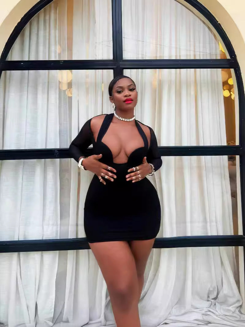 Women Halter Neck Sexy Mesh Patchwork Long Sleeve Bodycon Dress 6