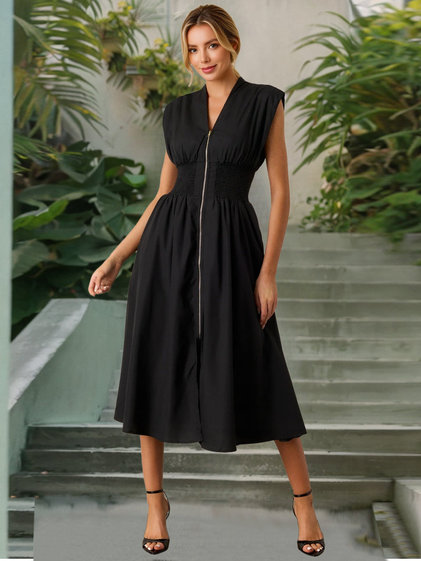 Women sexy V neck pleated zipper dress 4
