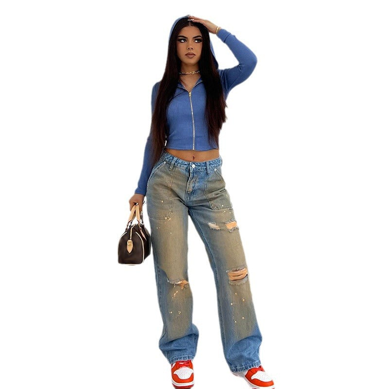 Women American Retro Gradient High Waist Ripped Splash Straight Denim Pants 6