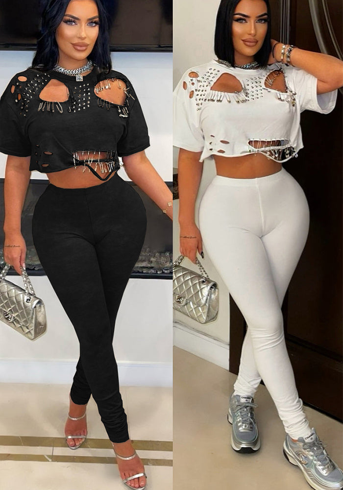 Spring/Summer Casual Ripped Pin Short Sleeve T-Shirt Pants Set