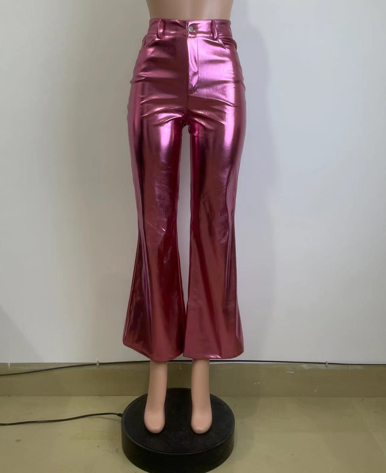 Women's Spring And Winter Metallic Bell Bottom Casual Long Leather Pants 9