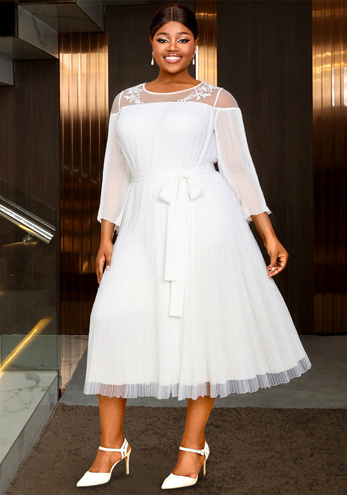 Plus-Size Women Elegant White Cutout Mesh Long-Sleeved Ruffled Belted Chiffon Dress