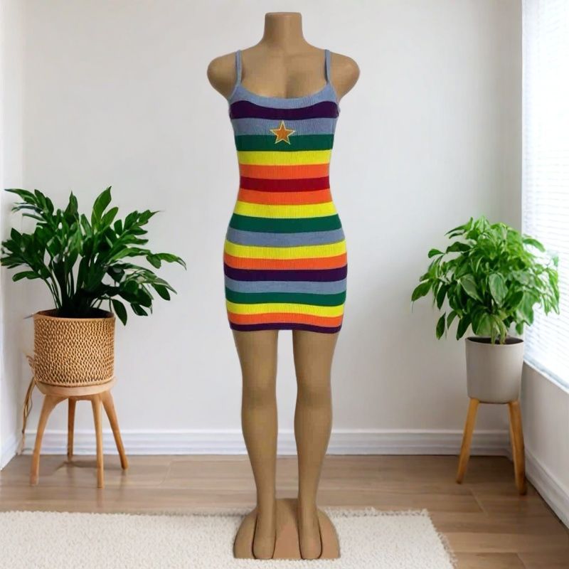 Summer Cute Girl's Strappy Sleeveless Rainbow Stripes Vest Dress 3