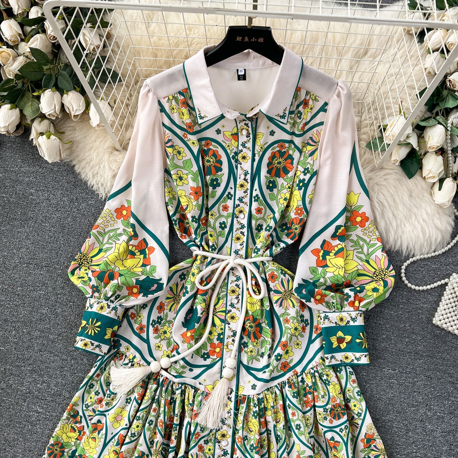 Women French retro print color matching shirt dress 12