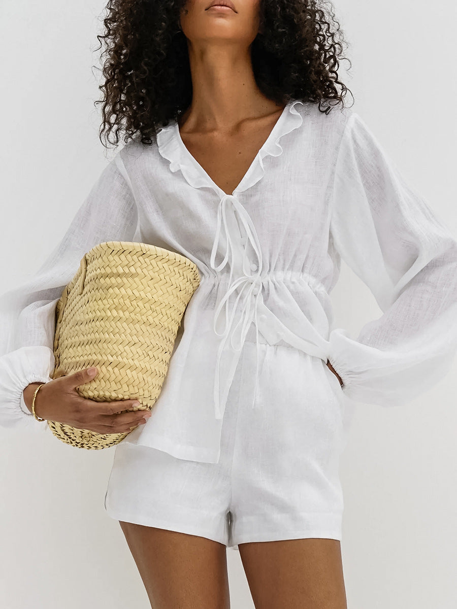 Summer Comfortable Style Sexy White V-Neck Slim Waist Lace-Up Long-Sleeved Top Shorts Linen Ruffle Two Piece Set