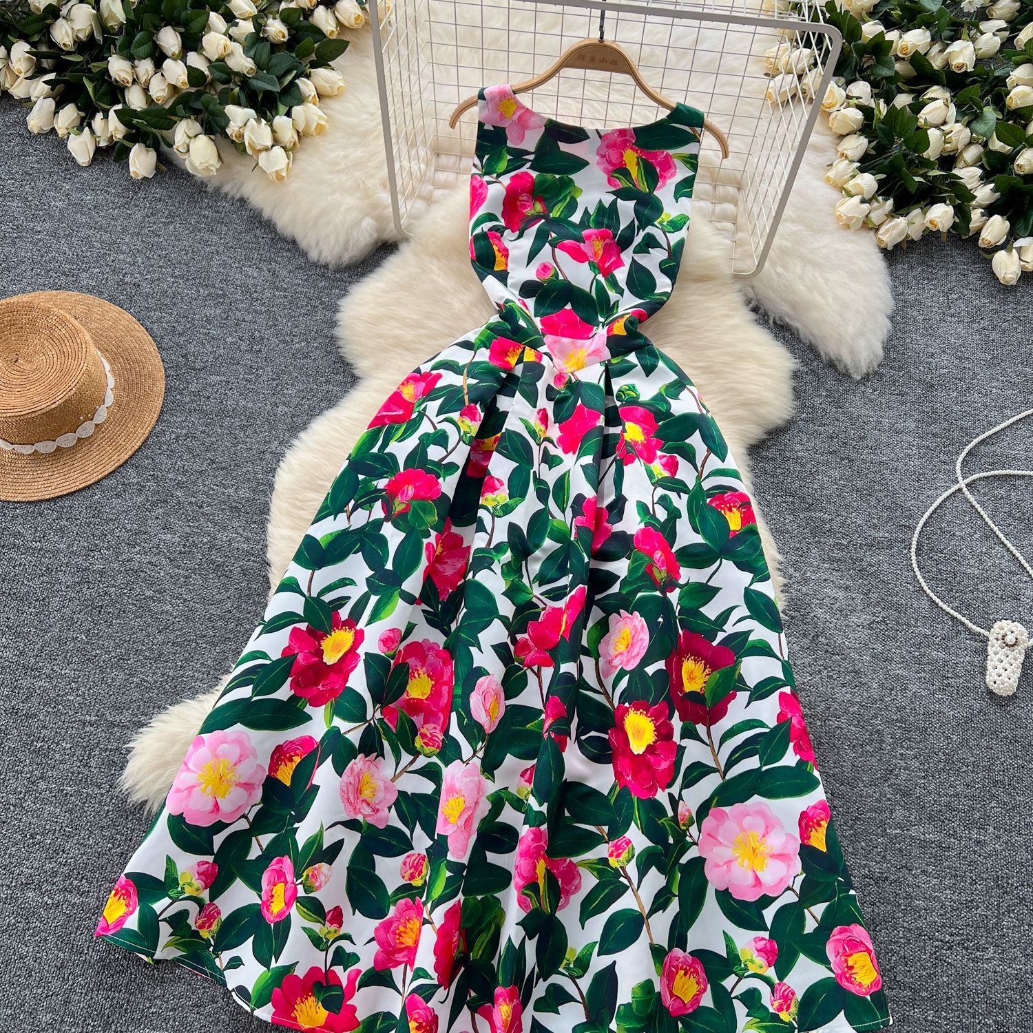 Fashion Printed Round Neck Slim Waist Pleated Flare Sleeveless Mini Dress 40