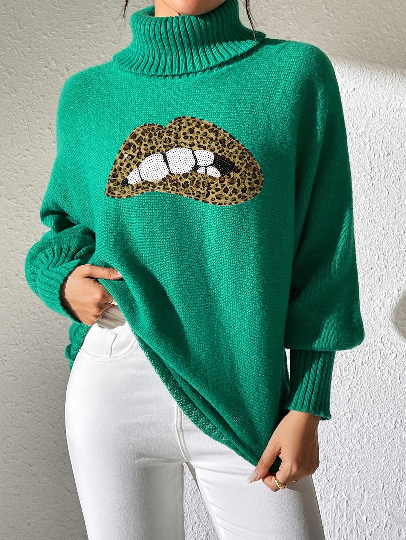 Autumn Winter Women's Sequin Lips Embroidery Turtleneck Pullover Sweater 5