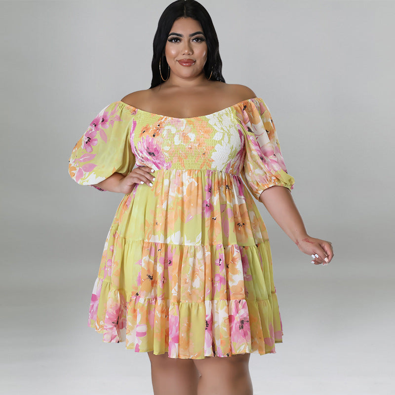 Plus Size Women's Summer Sexy Off Shoulder Print Casual Loose Dress 4