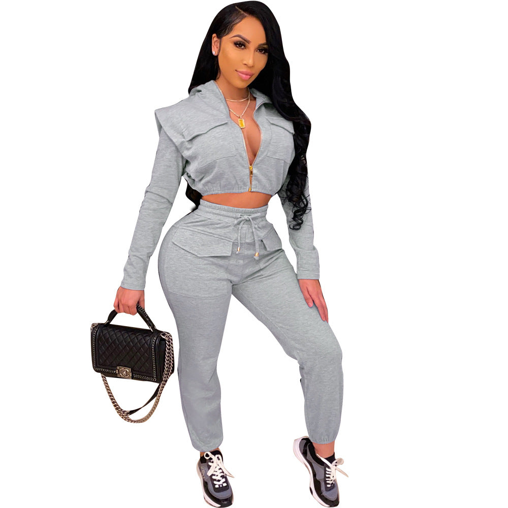 Women Sexy Zip with Cap Long Sleeve Top + Trousers Two-piece Set 11