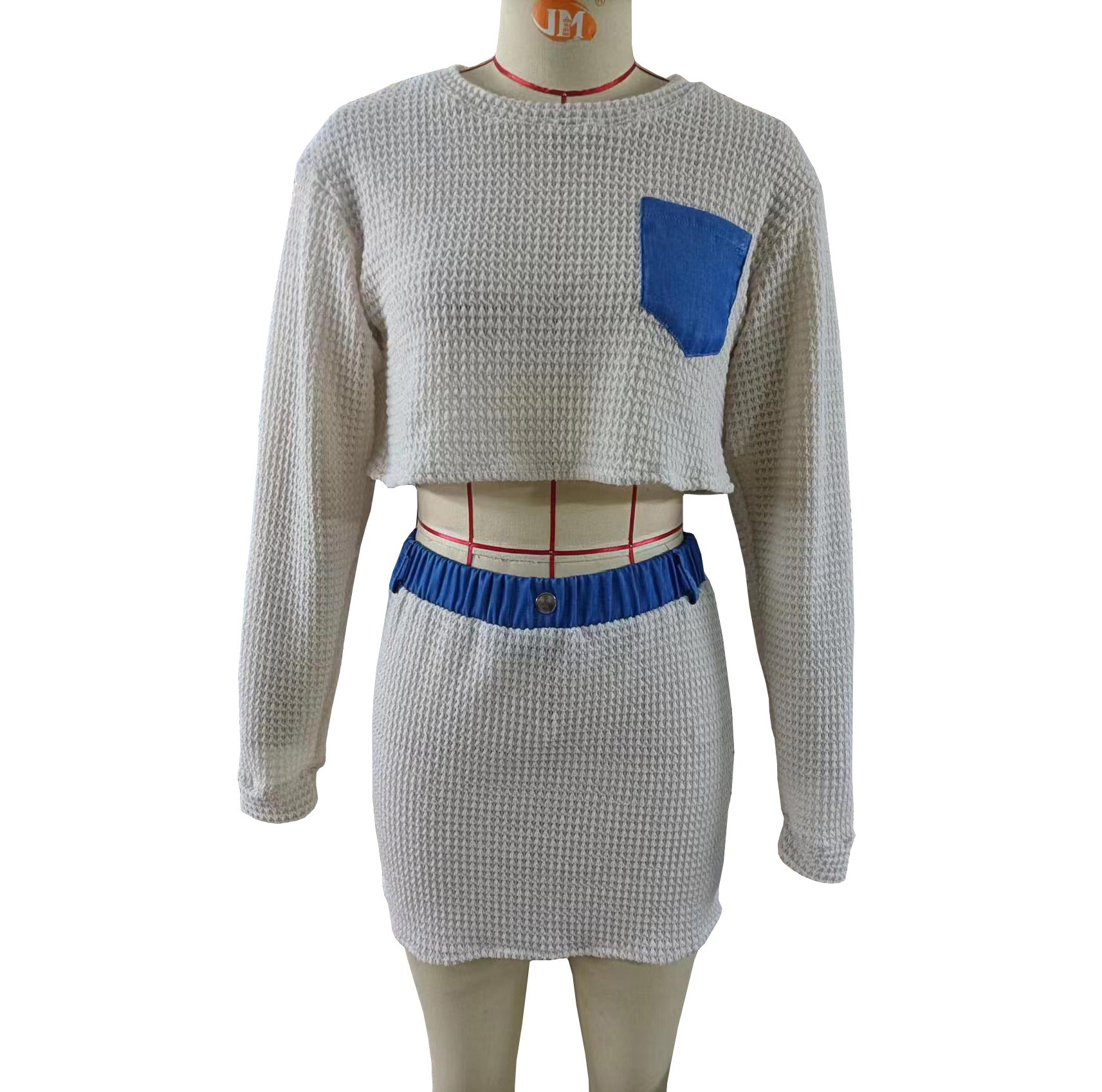 Women Long Sleeve Patchwork Crop Top and Skirt Two-Piece Set 9