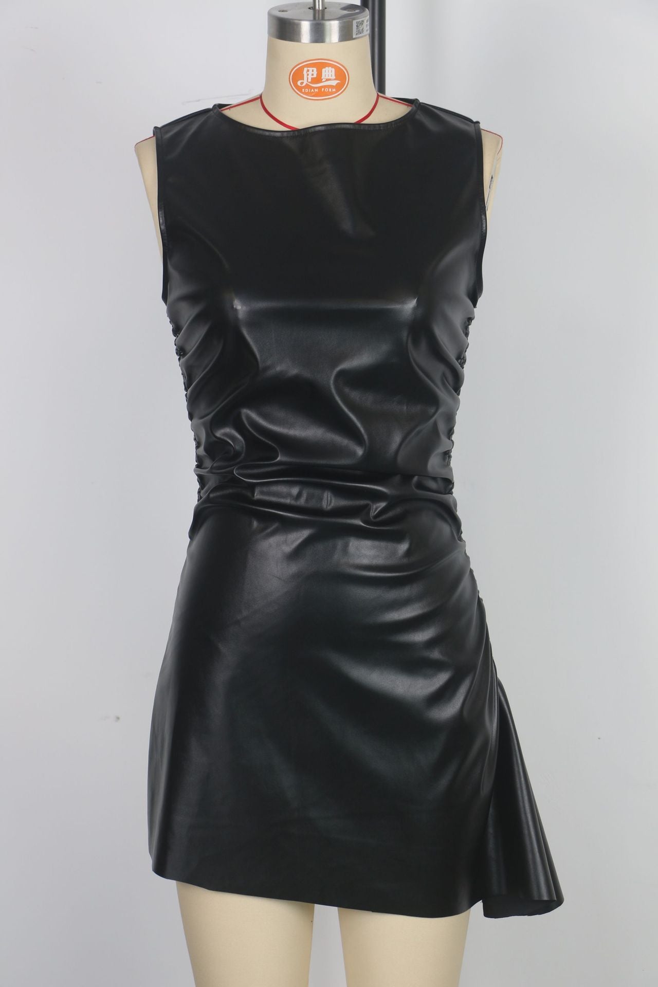 Women sexy pleated sleeveless pu Leather skirt Off Shoulder asymmetric dress 8