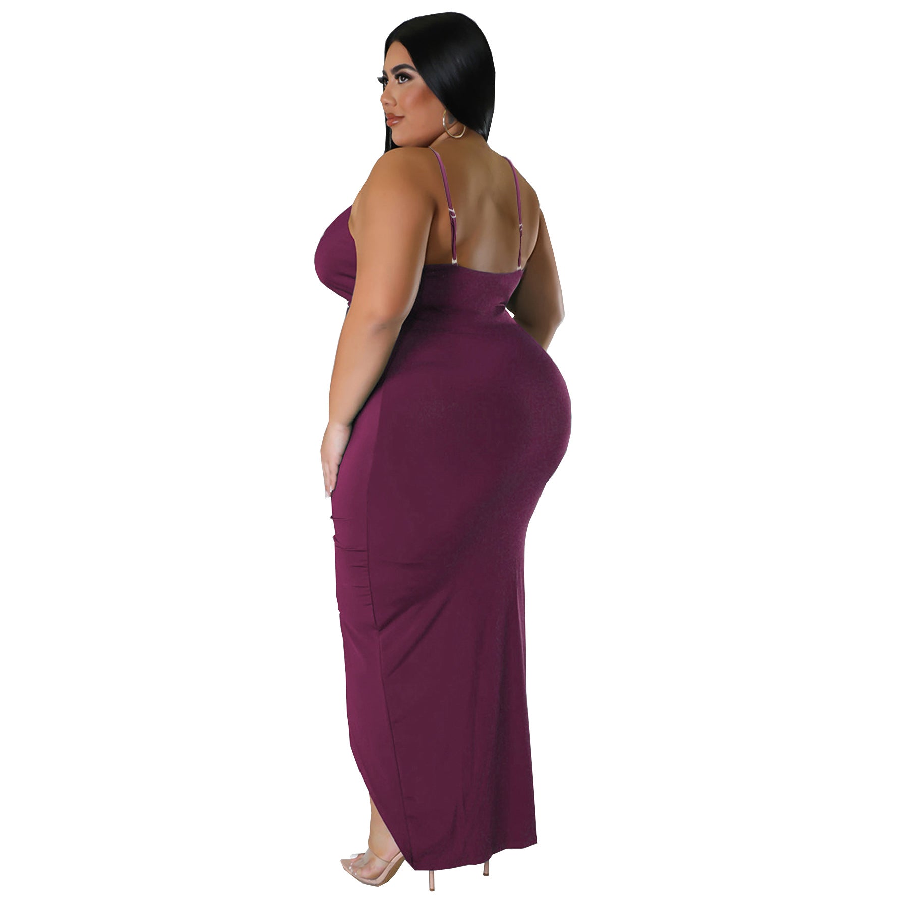Women's Plus Size Solid Strap Sleeveless V-Neck Long Dress 4