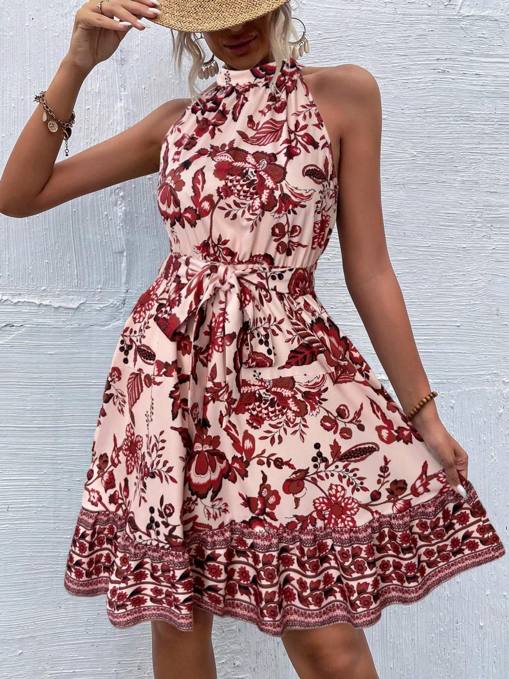 Women Floral Halter Neck Sleeveless Dress 4