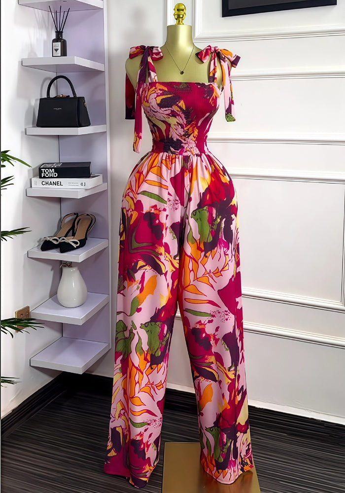 Women Summer Sleeveless Bow Tie Strapless Print Jumpsuit