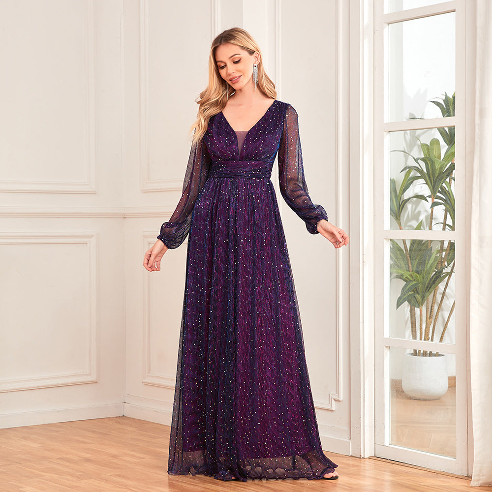 Women's  Glittery Pleated Elastic See-Through Long Sleeve V-Neck Legant Evening Gown 3